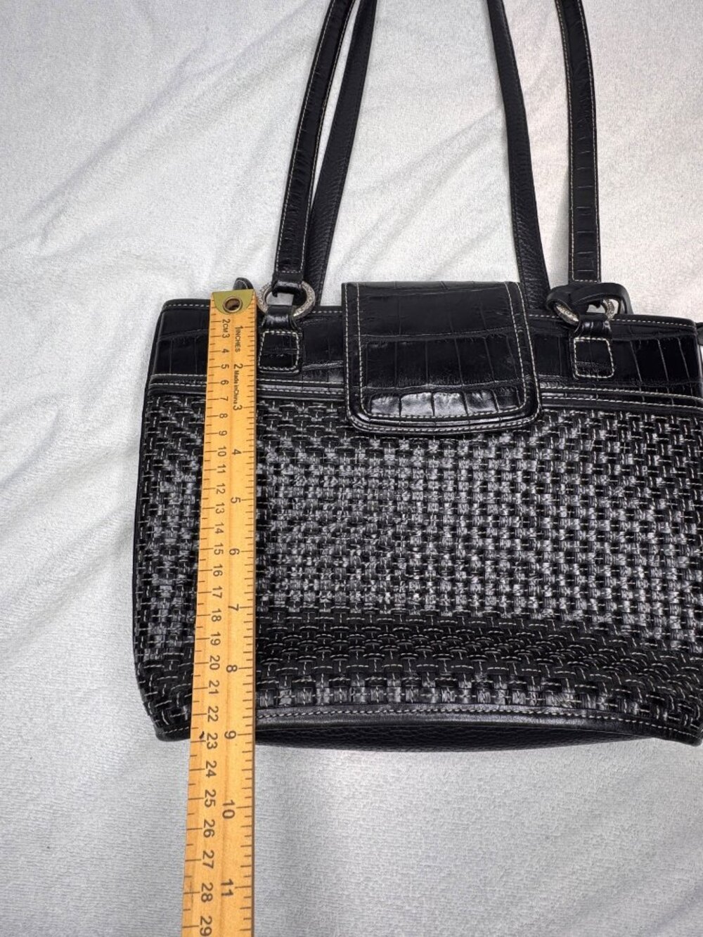 Brighton Black Leather Classic Tote Bag Basket Weave Front Panel Croc Trim - Picture 15 of 15